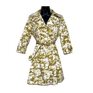 Small Retro Patterned Gold Trench‎ Pea Coat Jacket Floral Longline